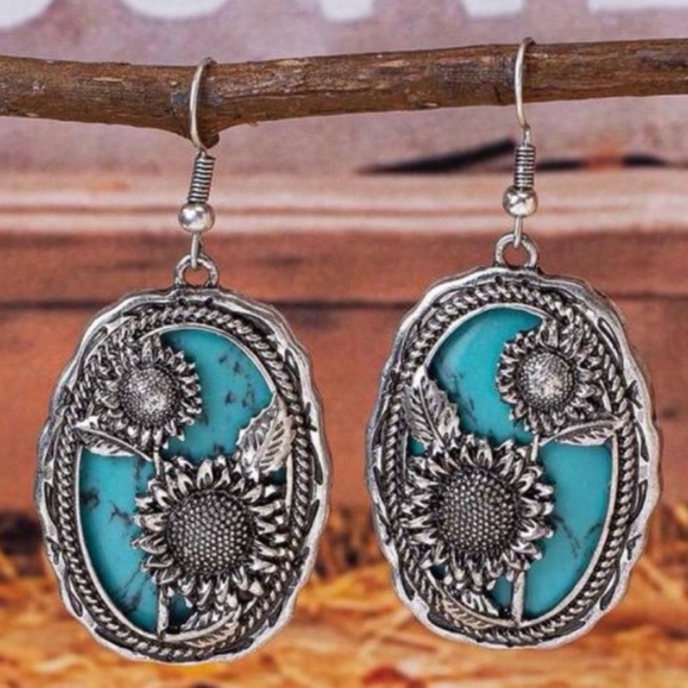 Western Turquoise Sunflower 
Dangle Earrings Cowgirl Boho Drop